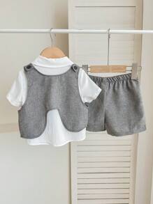 SHEIN 3pcs Baby Boy Spring & Summer Casual Korean Style Cute Grey Vest, Long Sleeve Shirt, Elastic Waist Shorts 3-Piece Set For Babyboy & Babygirl, Gentleman Outfit Suitable For Birthday Party, Evening Event, Performance, Wedding, Baby Shower, 1 Month Celebration - Multicolor - View 2