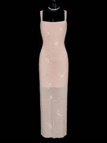 SHEIN ICON Abito lungo da donna nello stile Y2K, sexy e minimalista, in rete con strass, elegante e decorato con paillettes, abito scintillante e luccicante adatto a feste, festa, uscite serali, Capodanno, adatto per appuntamenti casual, uscite serali e abbigliamento per Capodanno. - Cachi - Visualizzare 12