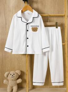 SHEIN Young Boy Simple Casual Cute Bear Patched Pocket Turndown Collar Open Front Long Sleeve Knit Jacquard Long Pants 2 Pieces Pajama Set
