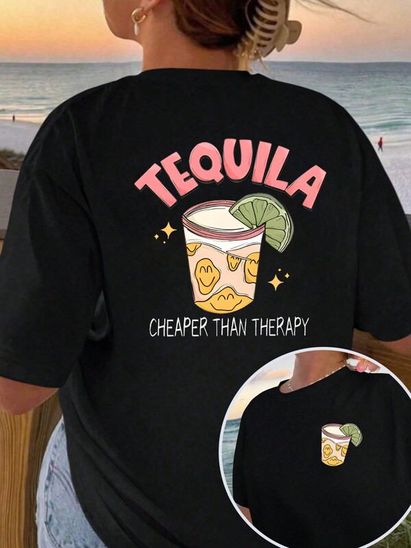 Calvaya Tricou casual cu mânecă scurtă, cu slogan și băutură de vară, cu imprimeu de vară, pentru femei, TEQUILA, mai ieftin decât Tricouri grafice, Topuri pentru femei