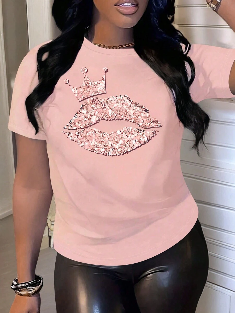 Maweii 大码性感唇印休闲短袖 T 恤图案 T 恤女式上衣粉色图案 Teetops 女士上衣 - 粉色 - 查看 1