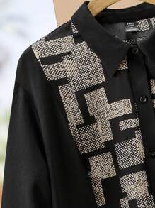 Lacomfia 2pcs/Set Plus Size Women Geometric Pattern Patchwork Elegant Vintage Long Sleeve Top And Wide Leg Pants - Black - View 4