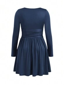 SHEIN Unity Plus Size Women Long Sleeve A-Line Knit Dress Fall Cloth For Women - Navy Blue - View 2