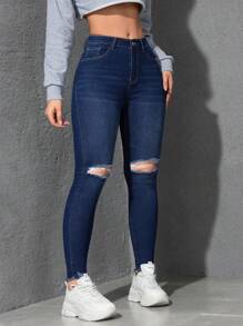 Flexra Jeans ceñidos casuales y versátiles con bolsillos y efecto desgastado para mujer - Azul lavado oscuro - Ver 6