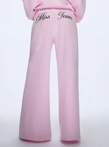 MISSGUIDED Miss Jeans Embroidered Logo Palazzo Sweatpants Oversized Wide Leg Lounge Pants Elastic Waist Athleisure Winter Jogger Workout Bottoms - Pink - View 4