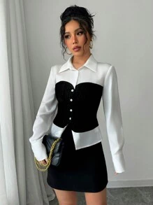Elenzga Women Casual Elegant Office Wear 2 In 1 Satin Faux Pearl Velvet Silver Line Splicing Waist Fitted Long Sleeve Blouse