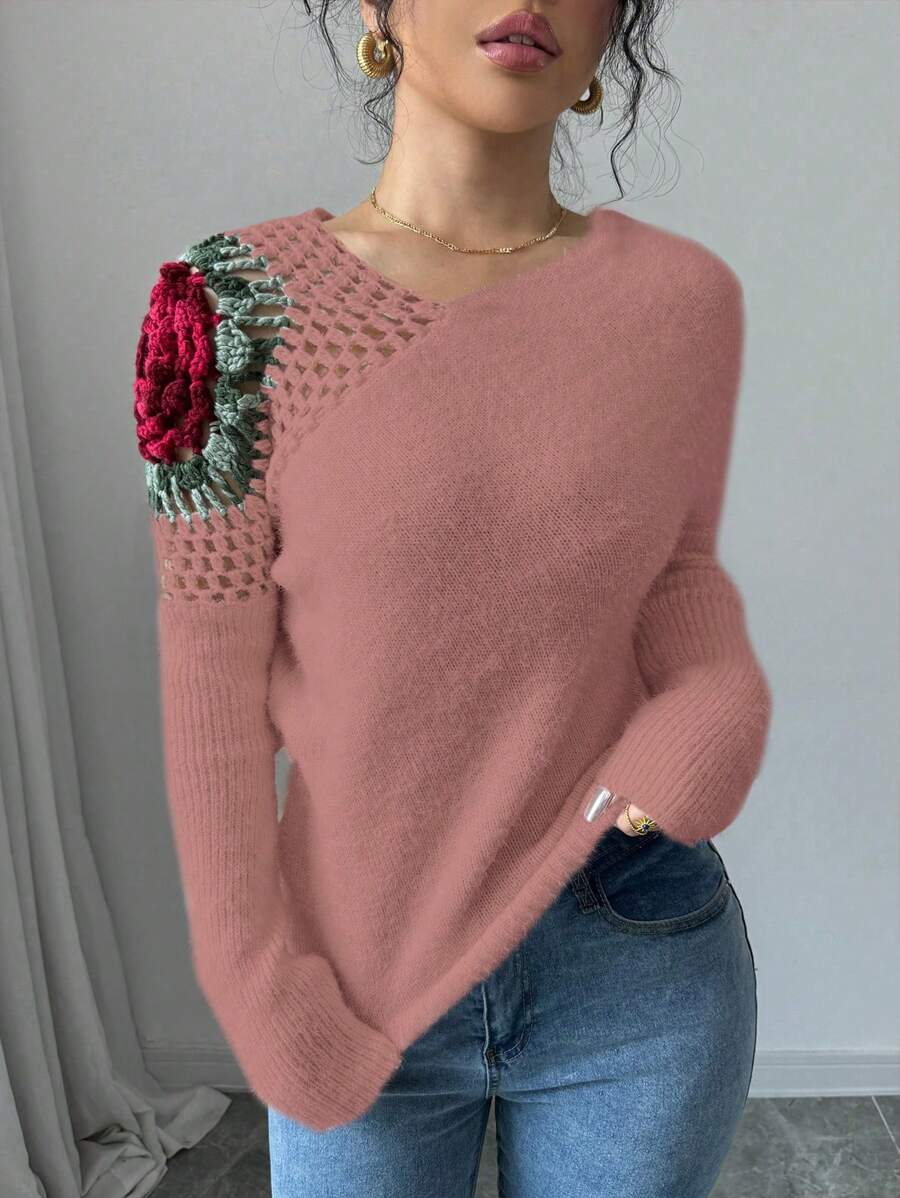 Chiquease 女士纯色拼接简约休闲套头毛衣针织衫秋冬毛衣 - 藕粉色 - 查看 1