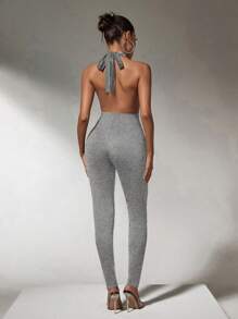 SHEIN SXY 秋季女装；连体衣深 V 领水钻女式黑色紧身衣；适合秋季休闲约会、聚会、活动 - 灰色 - 查看 2