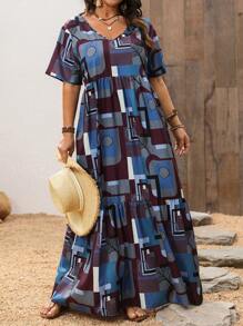 EMERY ROSE Plus Size Women Geometric Pattern Dress - Blue - View 2