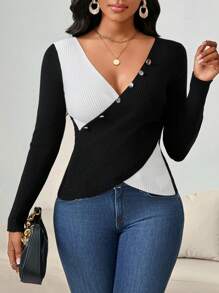 SHEIN Lady Black And White Contrast Color Women's Sweater Autumn And Winter Must-Have Long-Sleeved Top For Going Out, Partying, Work And Daily Life - Black and White - View 5