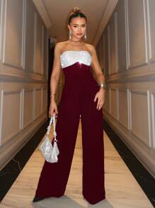 Glamine Mono elegante y sexy con lentejuelas y pernera ancha para fiesta, especial para el Día de San Valentín - Burdeos - Ver 3