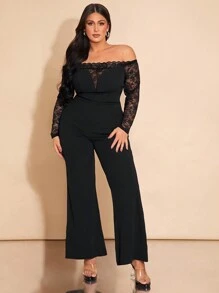 SHEIN BAE Plus Size Women Black Lace Patchwork Jumpsuit, Long Sleeve Flared Pants Suit, Suitable For Autumn/Winter Dates, Christmas, Parties, Nightlife, Valentine's Day