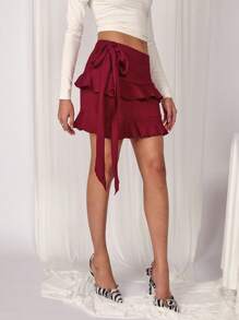 COSMINA Women's Solid Color Side Knot Ruffle Hem Mini Skirt - Burgundy - View 4