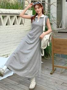 DAZY Women's Polo Collar Sleeveless A-Line Mid-Calf Dress Sundress Shirt Dress,Casual Women Dresses