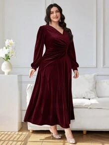 Modelyn Plus Size Elegant Crystal Decor Wrap Waist Dress For Christmas Long Evening Dresses