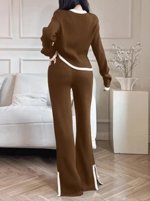 Mulvari 2pcs Women Casual Contrast Color Trim Sweater & Pants Set, Autumn/Winter 2 Pieces Set