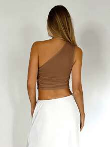 SHEIN EZwear Summer Solid One Shoulder Ruched Crop Top