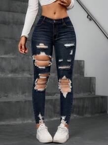 SHEIN Unity Distressed Frayed Edge Pocketed Solid Color Skinny Jeans Y2k - Dark Wash - View 4