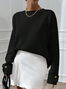 EURMUSE 女士双袖纽扣细节超大厚冬季黑色毛衣温暖触感 - 黑色 - 查看 3