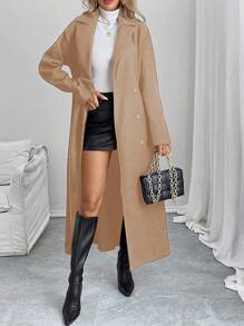 SHEIN Clasi Women's Solid Color Turndown Collar Double-Breasted Casual Overcoat, Autumn/Winter - Camel - View 4