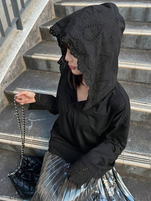 FRIFUL Women's Black Hooded T-Shirt With Embroidered Fabric Trim, Spring