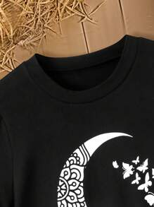 Mulvari Plus Size Women Ramadan Butterfly Print Round Neck Short Sleeve Casual Asymmetric Hem T-Shirt For Summer