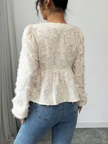 Chiquease Women's Elegant Bow Detail Jacquard Textured Fabric Long Sleeve Blouse Peplum Top - Apricot - View 2
