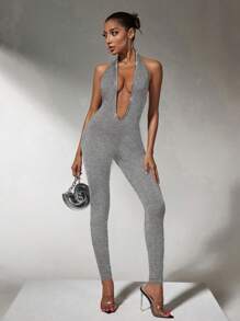 SHEIN SXY 秋季女装；连体衣深 V 领水钻女式黑色紧身衣；适合秋季休闲约会、聚会、活动 - 灰色 - 查看 1