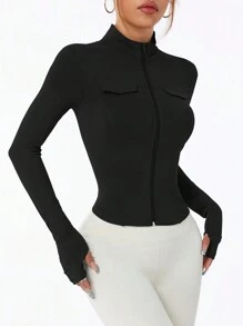 Einfarbige, taillierte Sportjacke für Damen mit Reißverschluss vorne, lange Ärmel