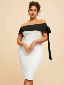 SHEIN SXY Women Plus Size Color-Block Black Collar Black Bow Decorated White Bodycon Dress, Suitable For Daily Wear, Dates, Prom, Parties, New Year Gatherings, Banquets, Cocktail, Elegant, Body Modification And Body Curves - Black and White - View 4