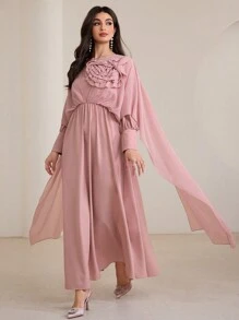 Modelyn 3D Floral Patchwork Long Sleeve Arabic Style Women Dress - Pink - View 6