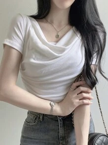 DAZY 女士纯色修身收褶领 T 恤设计夏季