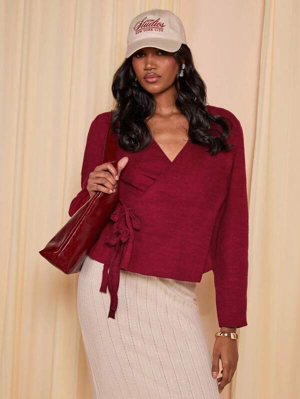 COSMINA Wine Red Women Knitted Tie Waist Sweater, Minimalist & Fashionable Casual Everyday Wear