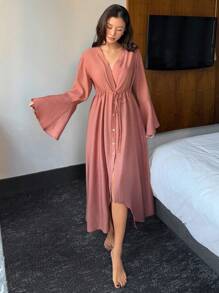 DAZY 1 pezzo Abito copri-costume da donna tinta unita casual con bottoni davanti, stile minimalista adatto per uso quotidiano, per vacanze estive in spiaggia - Rosso - Visualizzare 3