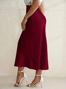 Aveloria Modichic 褶裥缎面半身裙，女士优雅褶皱设计，拉链长款常规版型自然米色纯色女裙，春夏款，情人节款，职业/商务/工作装 - 酒紅色 - 查看 2