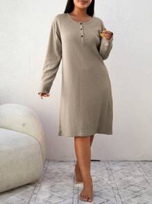 SHEIN Cottnline 100%Cotton Plus Letter Embroidery Half Button Nightdress - Beige - View 5