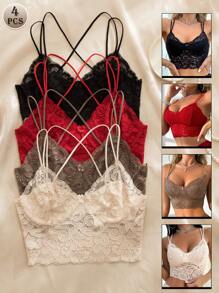Bộ 4 chiếc áo ngực ren gợi cảm nhiều màu cho nữ có nơ trang trí, dây đeo chéo, không đệm và gọng, đồ lót nơ thắt nơ - Nhiều màu - Xem 4