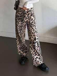 DAZY 女士时尚豹纹直筒牛仔裤 - 卡其色 - 查看 4