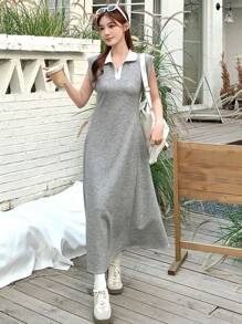 DAZY Women's Polo Collar Sleeveless A-Line Mid-Calf Dress Sundress Shirt Dress,Casual Women Dresses
