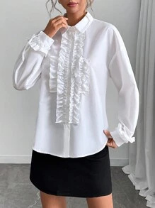 SHEIN Clasi 女士休闲纯色荷叶边衬衫上衣，秋季女士衬衫 - 白色 - 查看 5