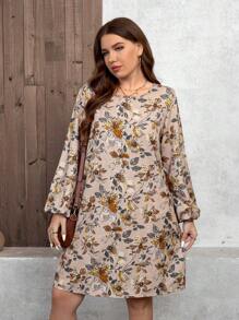 SHEIN LUNE Plus Size Women Vacation Floral Print Round Neck Lantern Sleeve Casual Dress Valentine's Day Dresses Party Dresses Everyday Dresses Resort Wear Women,Club Dress Sundress