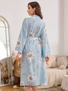 Mid-Length Floral Print Robe With Ruched Detail - Multicolor - View 2
