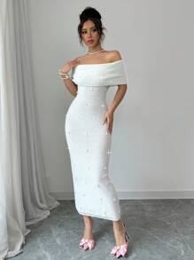 Chiquease New Stylish Off Shoulder Long Dress, Rhinestone Embellished Body-Hugging Knit Sweater Dress - White - View 6