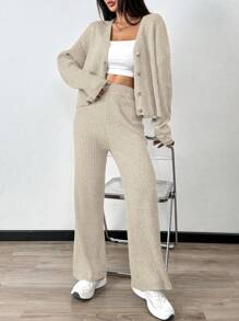 Chiquease Ribbed V-Neck Casual Knit Solid Color Commuter Fitted Skirt Suit