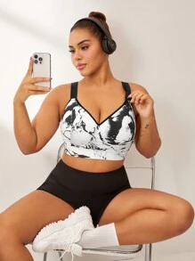 Rhythm Era Sutien sport de marime plus cu căptușeală detașabilă, bretele reglabile, suport cu impact ridicat, design imprimat cu cerneală