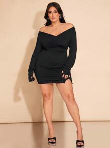 SHEIN BAE Plus Size Damska Czarna Sukienka Z Długim Rękawem I Dekoltem W Serek, Seksowna I Elegancka Sukienka Na Randki, Imprezy, Święta, Strój Na Mardi Gras, San Valentin, Wielkanoc, Prezenty Na Walentynki, Dopasowana, Prosta Sukienka, Podstawowa Sukienka Damska, Sukienki Damskie W Stylu Zachodnim, Sukienka Letnia, Obcisła Sukienka, Wielkanoc, Ubrania Wiosenne