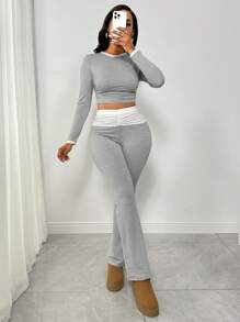 VaVaBold 2pcs Women Solid Crew Neck Long Sleeve Top And Pants Casual Set
