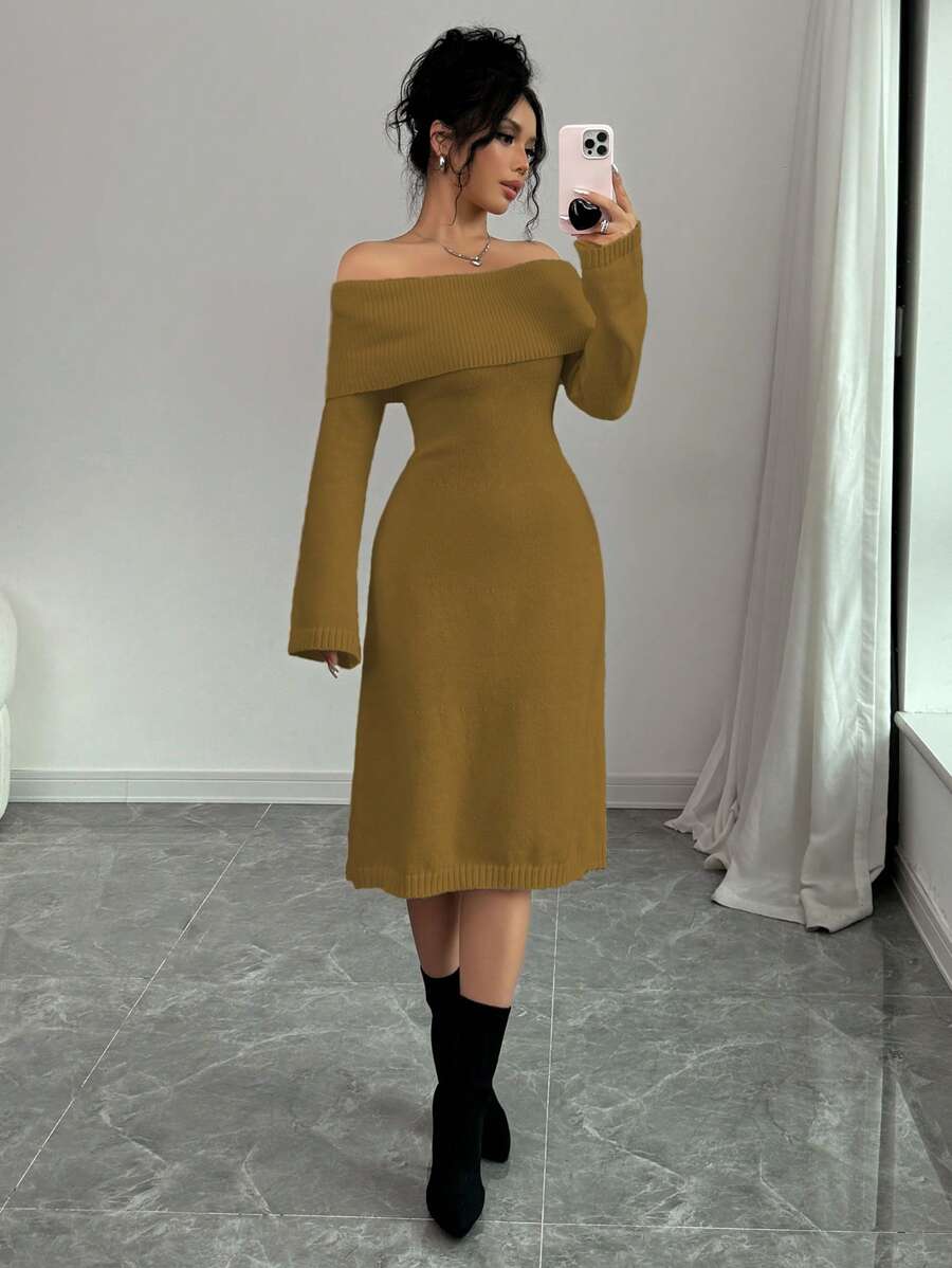 Elenzga 露肩长袖 A 字形下摆针织毛衣连衣裙（米色），秋冬季女士 - 薑色 - 查看 1