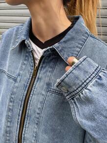 FRIFUL Women's Autumn Dropped Shoulder Long Sleeve Zipper Front Casual Denim Jacket