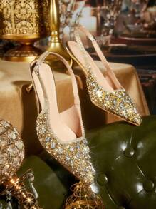 CUCCOO TILAWA Women's Gold Crystal Rhinestone Pointed Toe Hollow High Heel Wedding Sandals